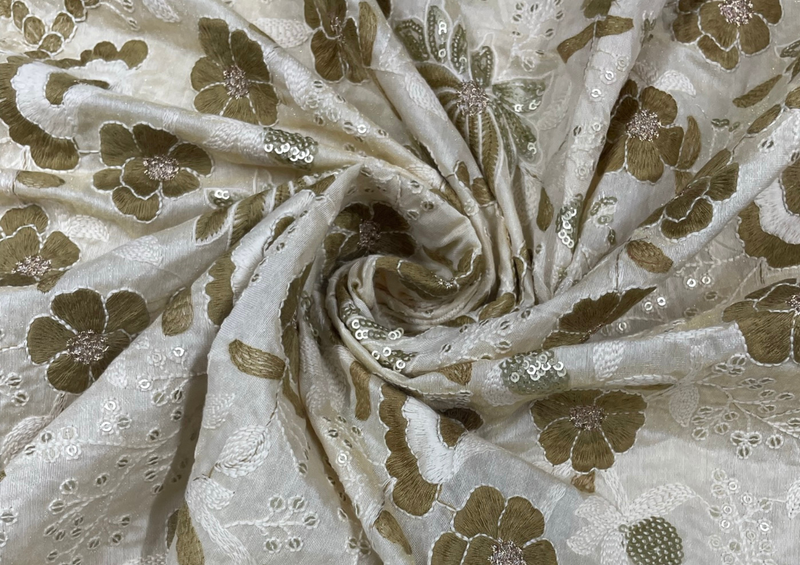 Embroidered Chanderi Cream Green Floral