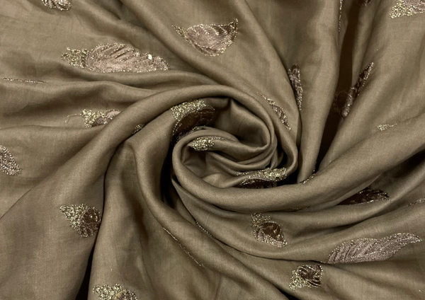 Brown Abstract Embroidered Cotton Satin Fabric