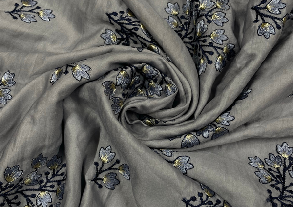 Gray Flowers Embroidered Cotton Satin Fabric