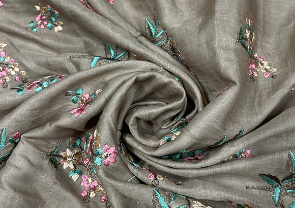 Gray Floral Embroidered Cotton Satin Fabric