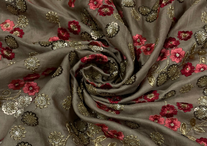 Embroidered Cotton Satin Brown Floral