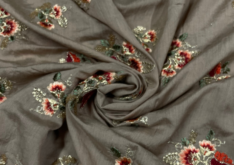 Embroidered Cotton Brown Red Flowers