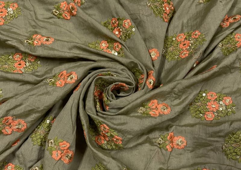 Mehndi Green Floral Embroidered Cotton Fabric