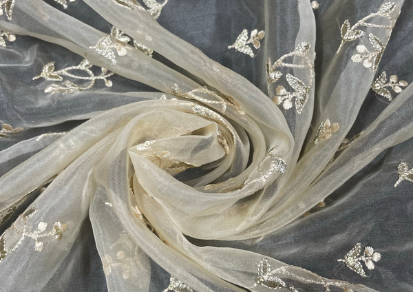 Dyed Embroidered Organza Viscose Cream Flowers