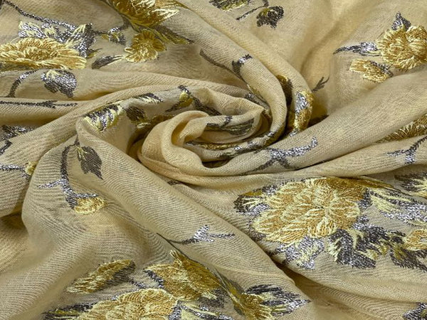Yellow Floral Embroidered Jute Fabric