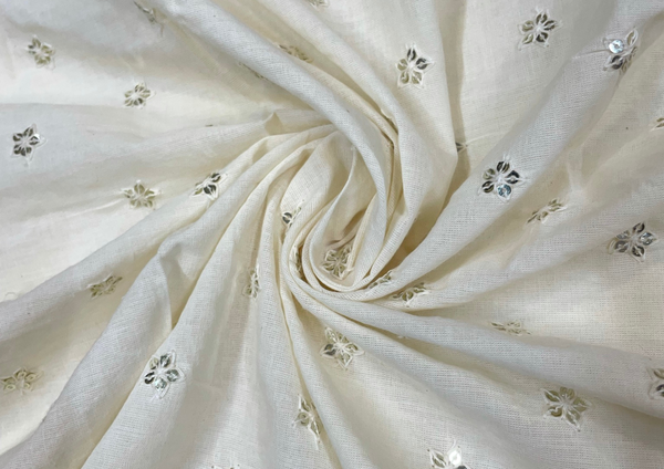 White Motifs Dyeable Embroidered Cotton Fabric