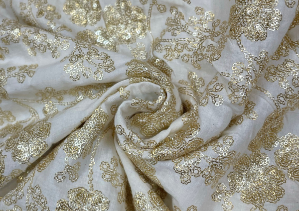 White & Golden Floral Dyeable Embroidered Cotton Fabric