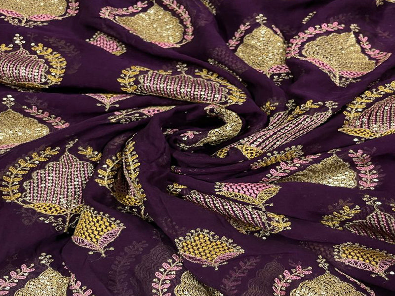 Embroidered Georgette Dark Purple Golden Leaves