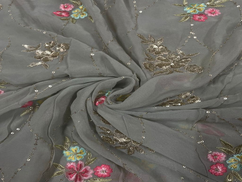 Embroidered Georgette Light Grey Pink Flowers