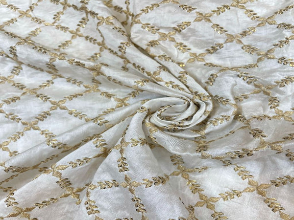 White Leaf Checks Dyeable Embroidered Chanderi Fabric