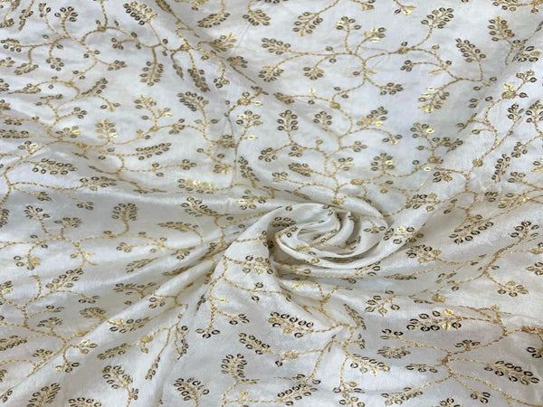 Dyeable Embroidered Pure Chanderi Silk White Golden Floral