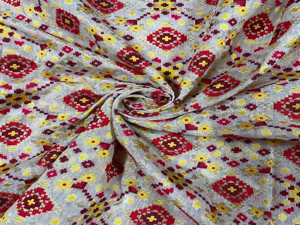 Off White Red Floral Dyeable Chanderi Zari Fabric