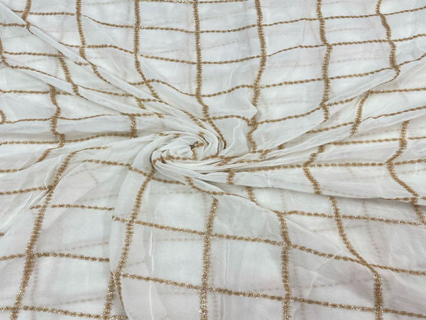 White & Golden Check Dyeable Embroidered Georgette Fabric