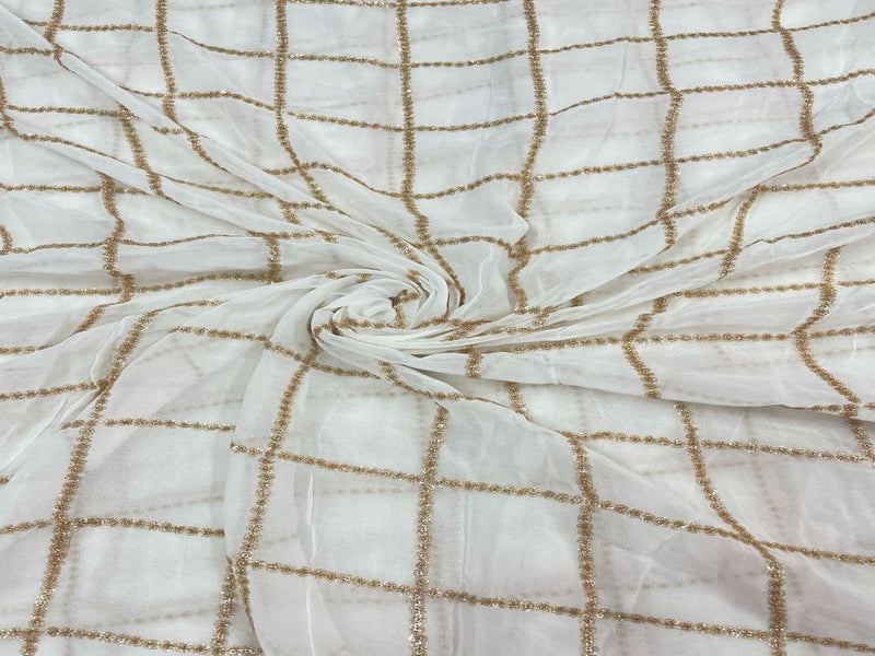 Dyeable Embroidered Georgette White Golden Box Checks