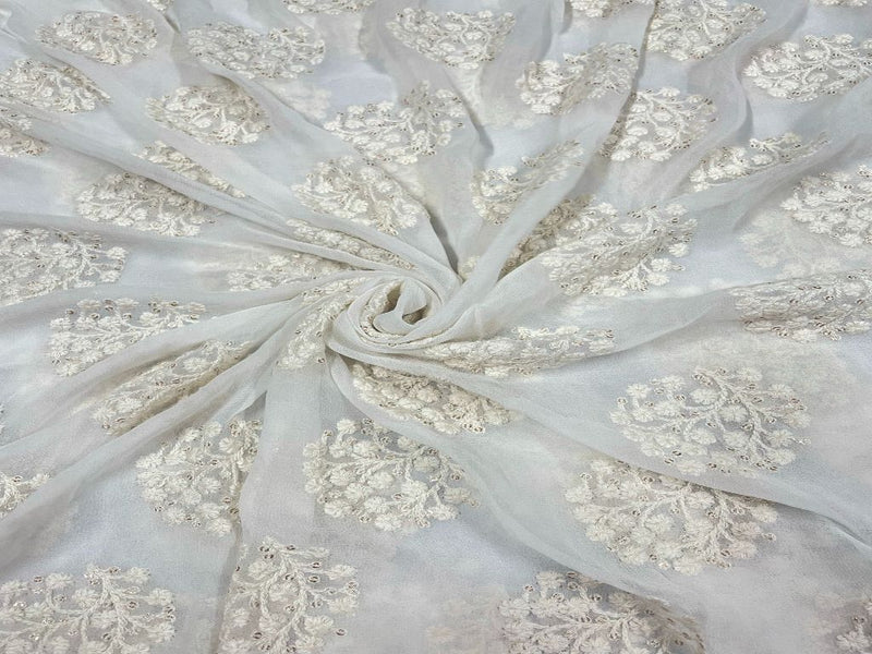 Dyeable Embroidered Georgette White Flowers 2