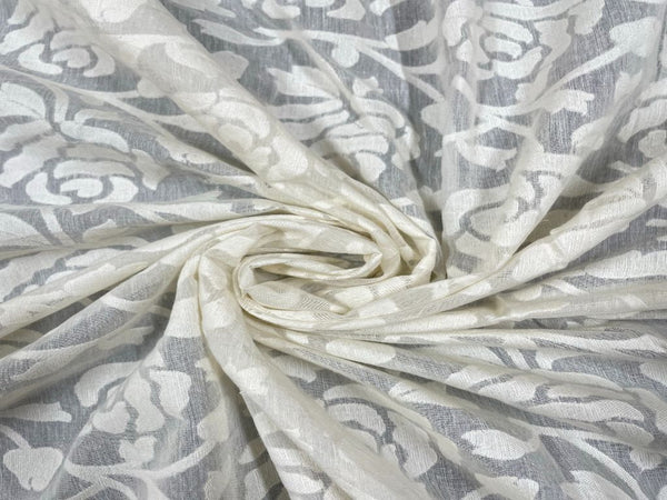 White Floral Dyeable Pure Chanderi Self Fabric