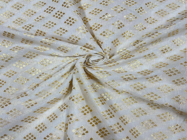 White Golden Zari Geometric Motifs Pure Chanderi Fabric