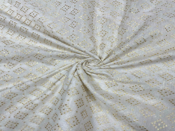 White Golden Zari Fancy Geometric Pure Chanderi Fabric