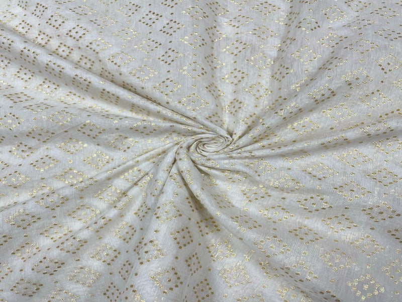 White Golden Zari Fancy Geometric Pure Chanderi Fabric