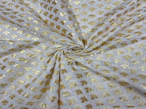 White Golden Zari Leaves Pure Chanderi Fabric