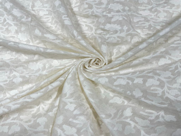 White Floral Dyeable Pure Chanderi Self Fabric