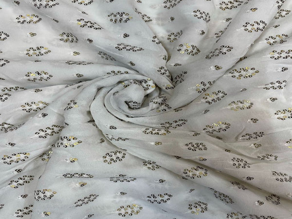 White & Golden Motifs Dyeable Embroidered Georgette Fabric