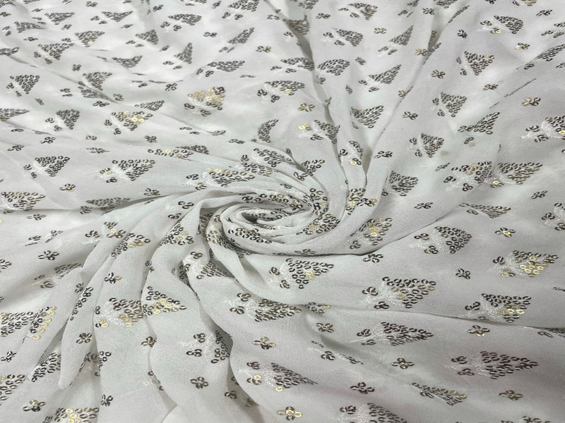 Dyeable Embroidered Georgette White Golden Trees