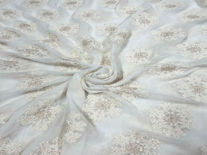 Dyeable Embroidered Georgette White Flowers 1