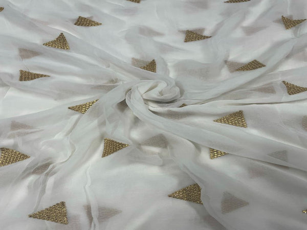 White & Golden Motifs Dyeable Embroidered Georgette Fabric