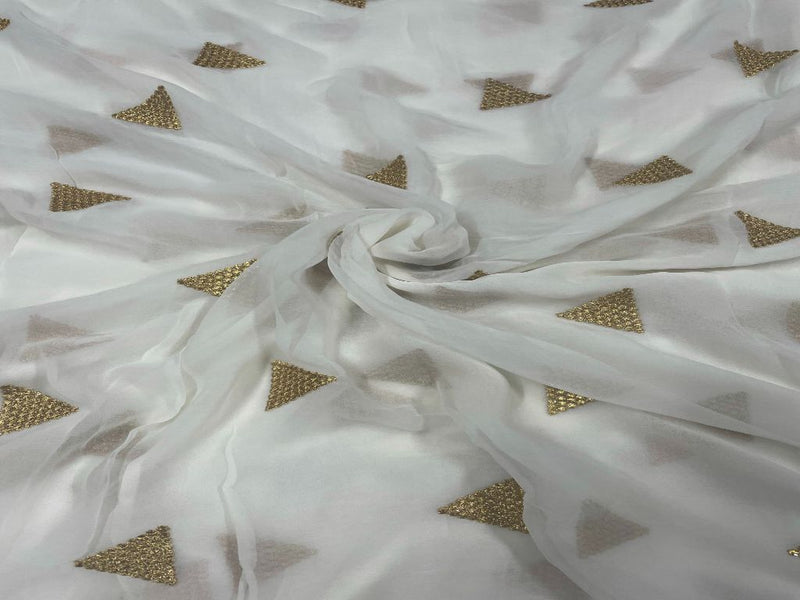 Dyeable Embroidered Georgette White Golden Geometric