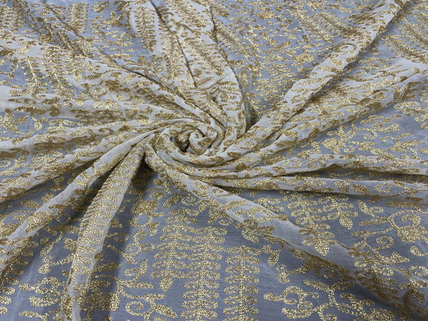 White & Golden Traditional Dyeable Embroidered Georgette Fabric