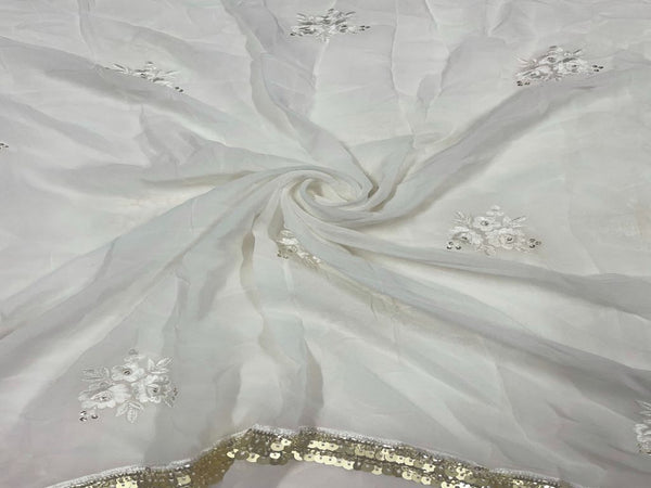 White Motifs Dyeable Embroidered Georgette Fabric