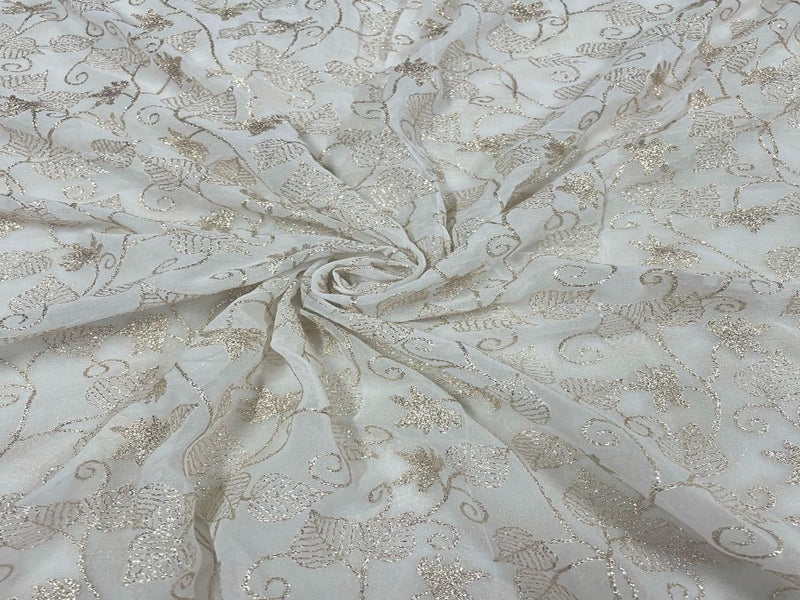 Dyeable Embroidered Georgette White Silver Floral 1