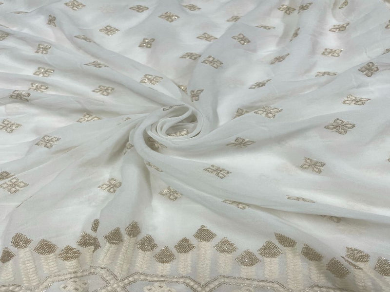 Dyeable Embroidered Georgette White Geometric Motifs With Border