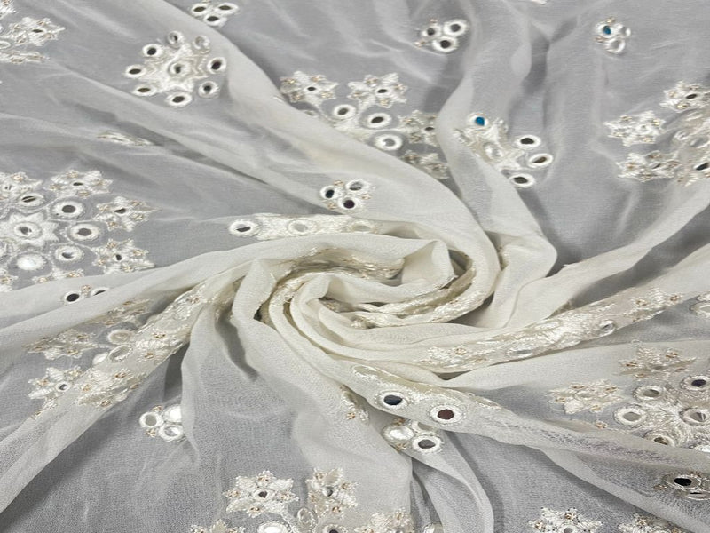 Dyeable Embroidered Georgette White Flowers