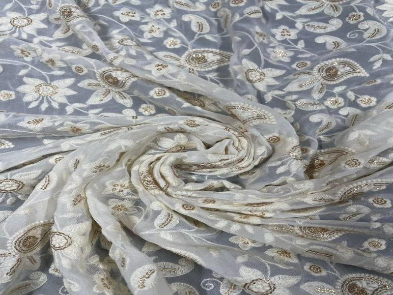 Dyeable Embroidered Georgette White Floral Paisleys