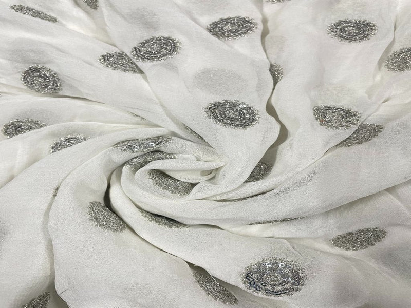 Dyeable Embroidered Georgette White Silver Floral