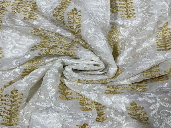White & Golden Traditional Dyeable Embroidered Georgette Fabric