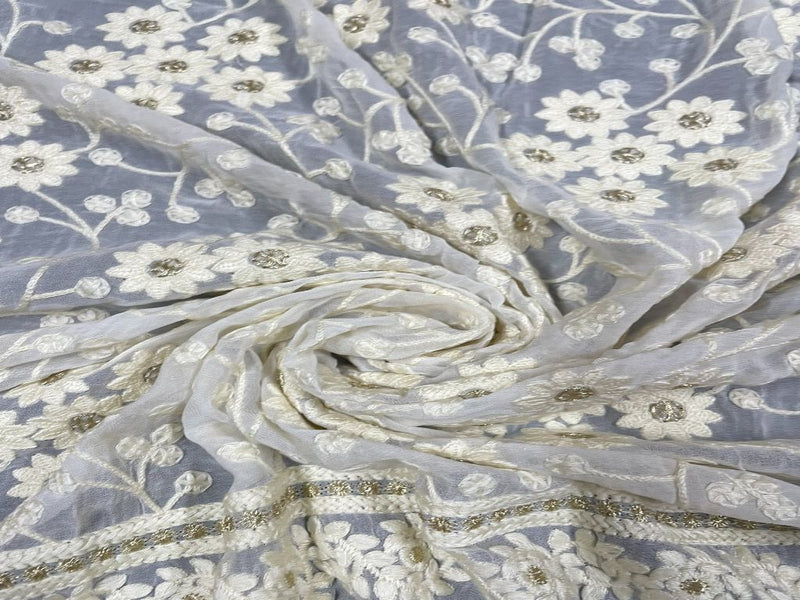 Dyeable Embroidered Georgette White Flowers With Borders