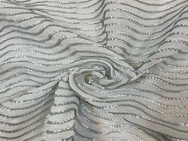 White & Silver Wavy Dyeable Embroidered Georgette Fabric