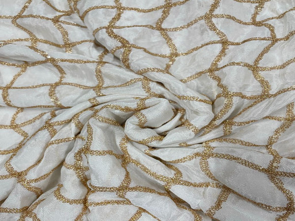 White & Golden Waves Embroidered Dyeable Chiffon Fabric