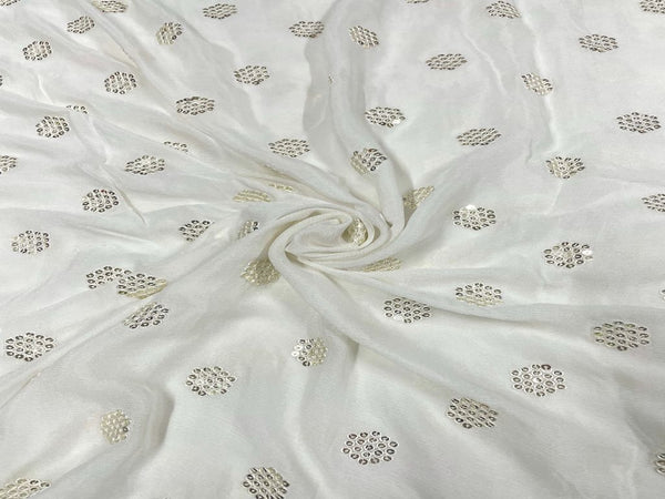White & Silver Motifs Dyeable Embroidered Chiffon Fabric