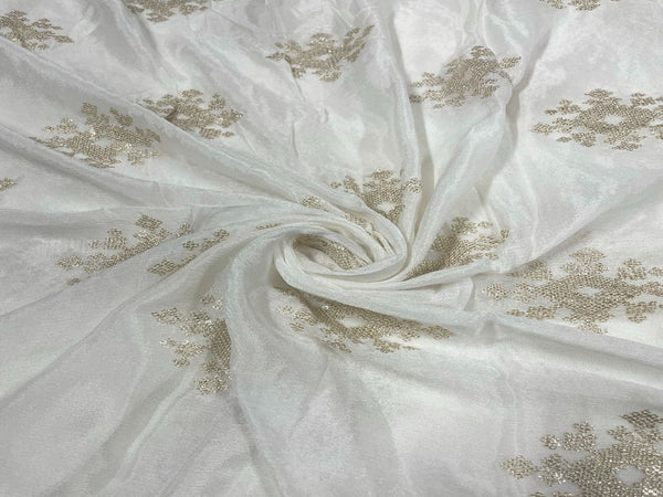White & Golden Motifs Dyeable Embroidered Chiffon Fabric