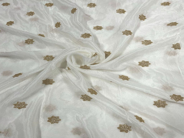 White & Dark Golden Motifs Dyeable Embroidered Chiffon Fabric