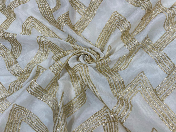 White & Golden Geometric Dyeable Embroidered Chiffon Fabric