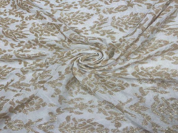 White & Golden Traditional Dyeable Embroidered Chiffon Fabric