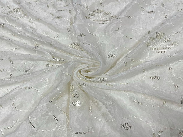 White & Silver Traditional Dyeable Embroidered Chiffon Fabric