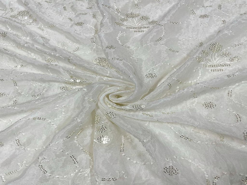 Dyeable Embroidered Chiffon White Silver Florals