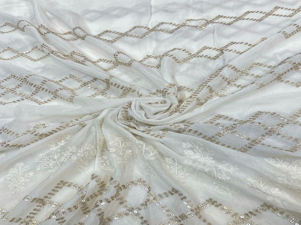 White Traditional Dyeable Embroidered Chiffon Fabric