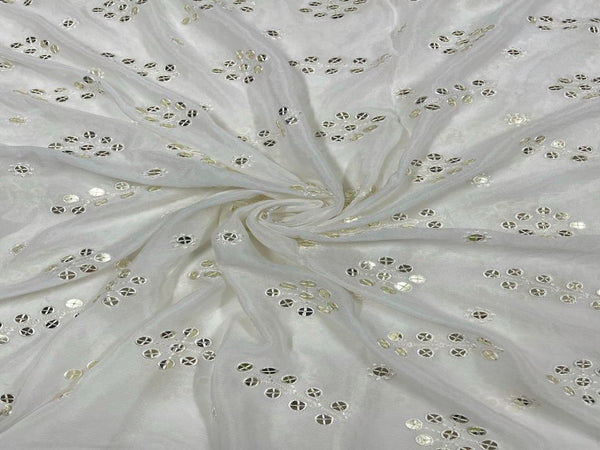 White & Silver Abstract Dyeable Embroidered Chiffon Fabric